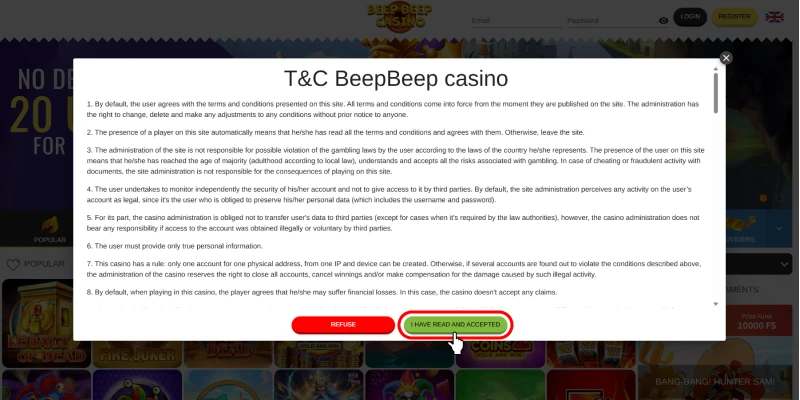 BEEPBEEPカジノ｜利用規約同意画面