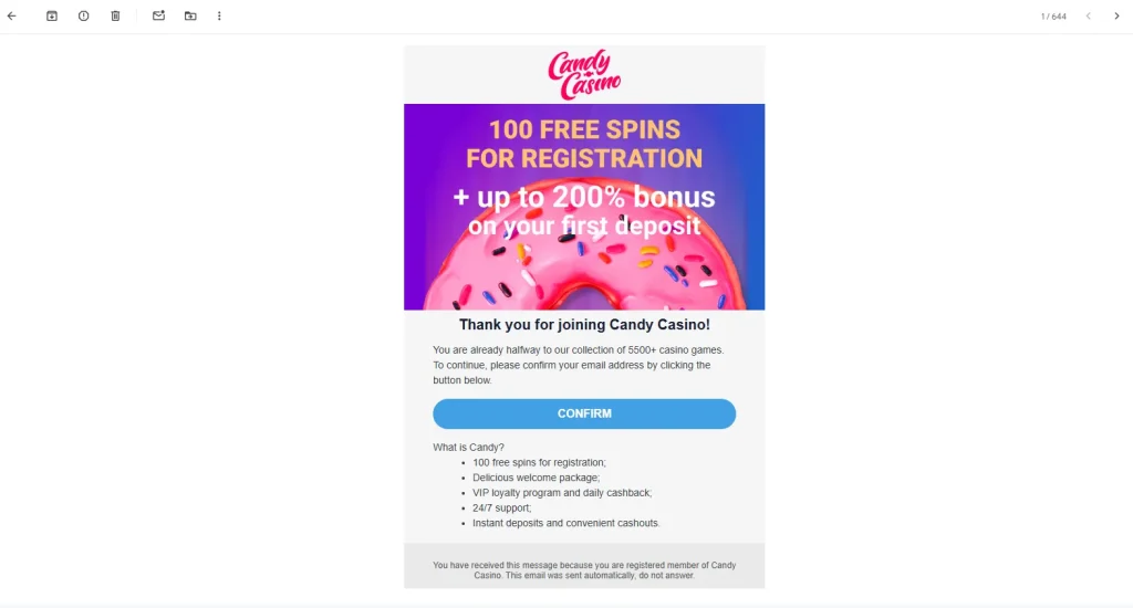 キャンディカジノ（candycasino）メールアドレス認証番号のメール
