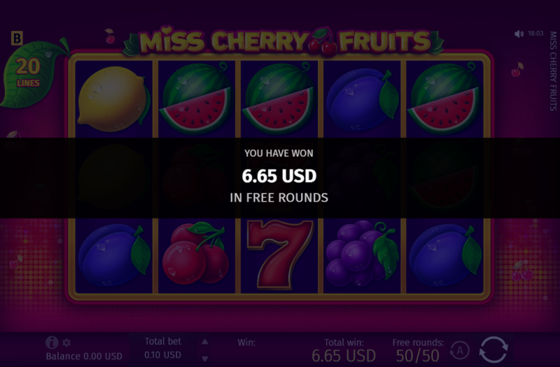 カジノギャラクシー｜入金不要ボーナスの対象ゲーム「Miss cherry fruits」で遊んだ結果