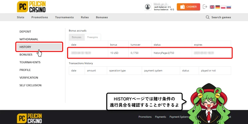 ペリカンカジノ｜賭け条件の進行具合確認画面