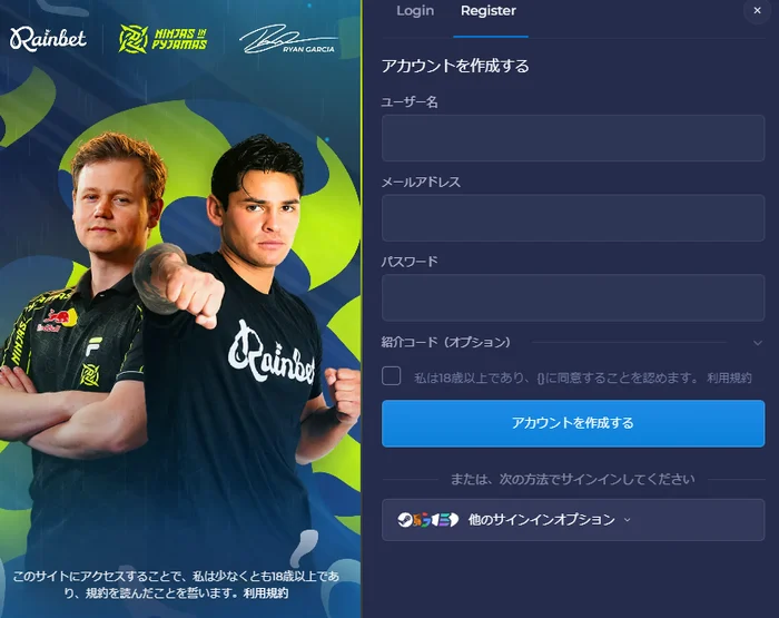 レインベット登録画面