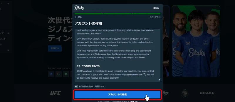 ステークカジノ｜利用規約確認画面